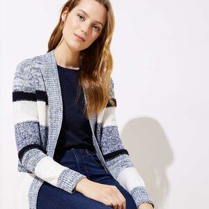 Loft Marled Stripe Ribbed Trim Open Cardigan